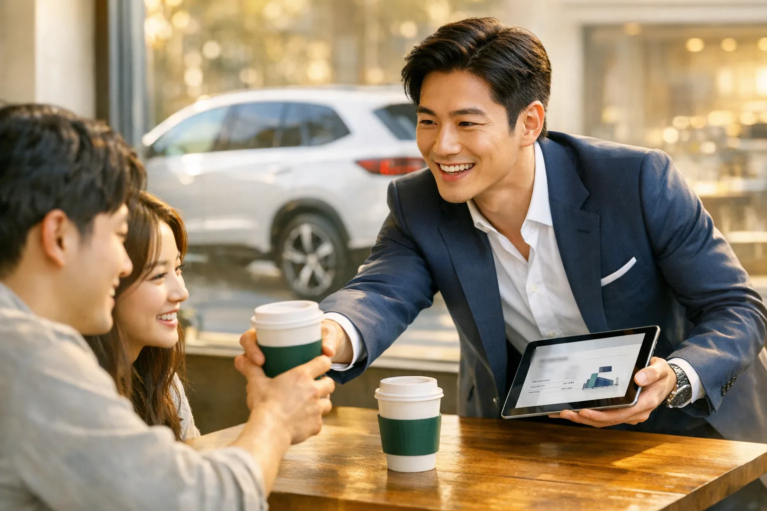 카페에서 커피를 건네며 신차 견적을 상담하는 렌터카로 매니저